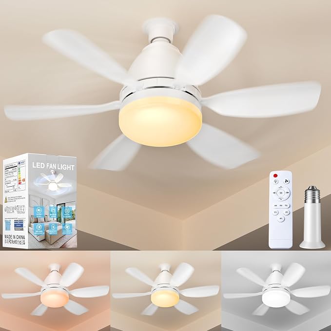 Socket Fan Light with Remote, 20'' 30W Dimmable LED 3 Colors 3000K-6500K, 6 Speed Wind Small Ceiling Fan with Light, Screw in Light Bulb Fan for Bedroom, Kitchen, Living Room, Closet