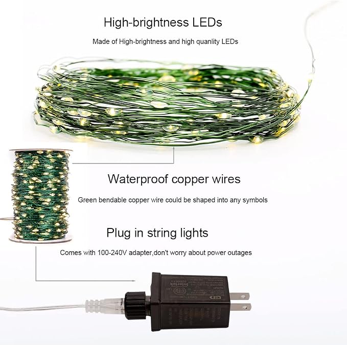 66FT Plug in Fairy Lights Warm White Green Wire LED String Lights 200 LED with Remote 8 Modes for Living Room, Christmas Tree, Patio, Garden, Wedding, Backyard