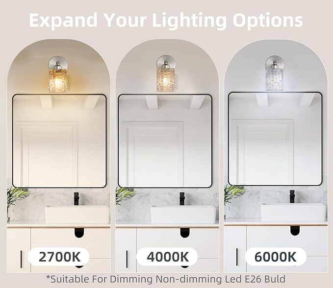 Nickel Crystal Bathroom Vanity Light Fixtures Over Mirror, 1-Light Modern Bathroom Wall Light for Bathroom, Living Room, Bedroom, Hallway
