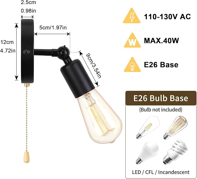 2-Pack Hardwired Pull Chain Wall Sconce, Black Wall Light Fixtures with Switch Indoor E26 Adjustable Small Sconces with Pull String for Kitchen Bedroom Hallway