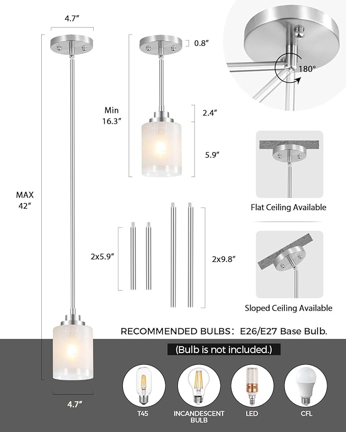 Cerdeco Modern Glass Pendant Light 2 Pack with Linen Frosted Glass Shade,Height Adjustable Hanging Pendant Lighting,Kitchen Island Lighting,Brushed Nickel Finish,UL Listed