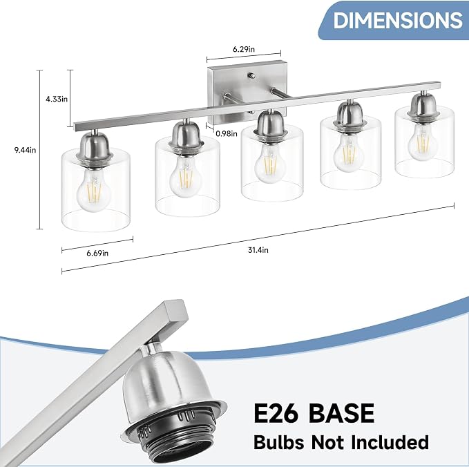 Modern Brushed Nickel 5 Light Bathroom Vanity Light, 31 inch Bathroom Light Fixtures, Vanity Lights for Bathroom with Clear Glass for Mirror Kitchen Living Room Hallway Cabinet Porch
