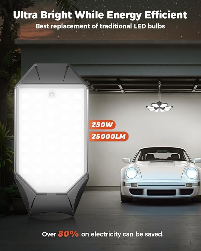 Plug in Garage Lights 4 Pack, 25000LM Linkable LED Shop Light with 9.84ft Power Cord and Switch, 8 Foldable Panels, 6500K Shop Lights for Garage, Workshop, Utility Room (Built-in Outlet)