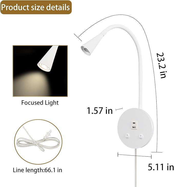 White Headboard Reading Light, 2 Pack Led Wall Mounted Book light, Bedroom Reading Lamp, USB Output, Night Light & Switch, Wall Sconce for Bedtime Reading, Gooseneck Headboard Bed Lights Wall Sconce