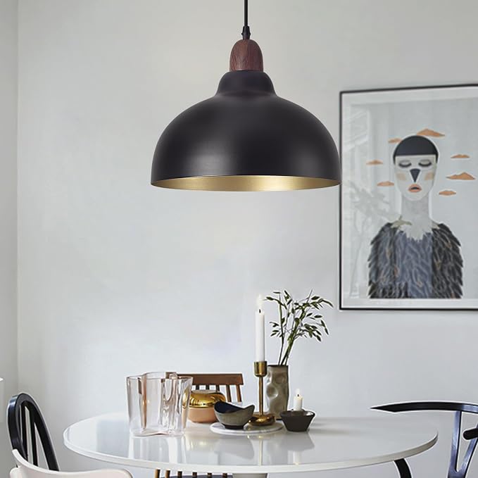 Black Pendant Light, 11.8" Farmhouse Black and Wood Hanging Pendant Lights Kitchen Island, Vintage Pendant Light Fixture Large Dome Chandelier for Kitchen Island, Dining Room