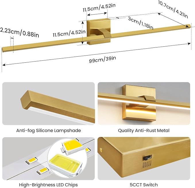 Modern Bathroom Light Fixtures Over Mirror - 39 Inch Brushed Gold Vanity Light Bar 28W Dimmable 5CCT LED Vanity Lights for Bathroom Mirror Cabinets Bedroom