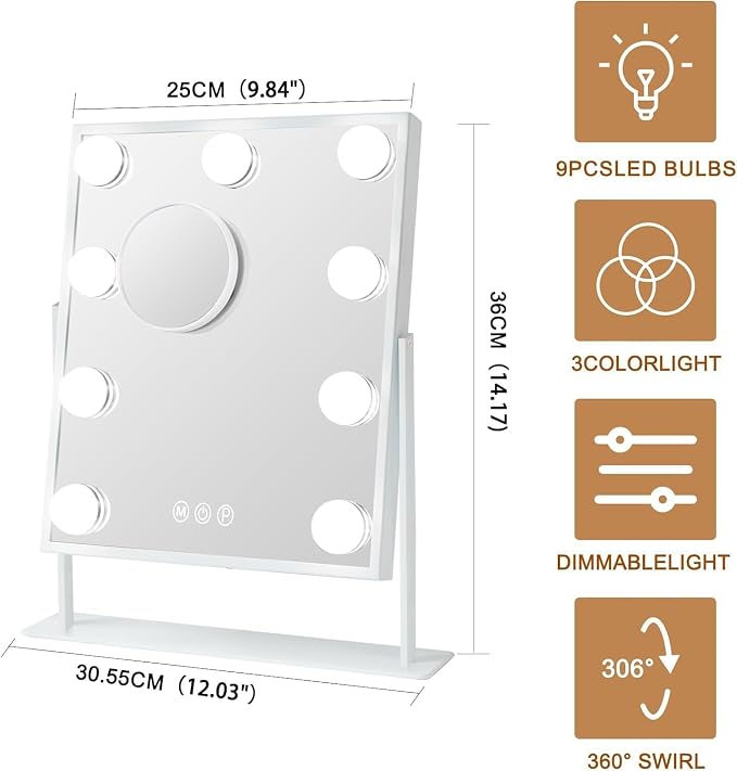 FENCHILIN Vanity Mirror with Light Lighted Makeup Mirror Vanity Smart Touch Control 3Colors Dimmable Detachable 10X Magnification Tabletop 360°Rotation(White)