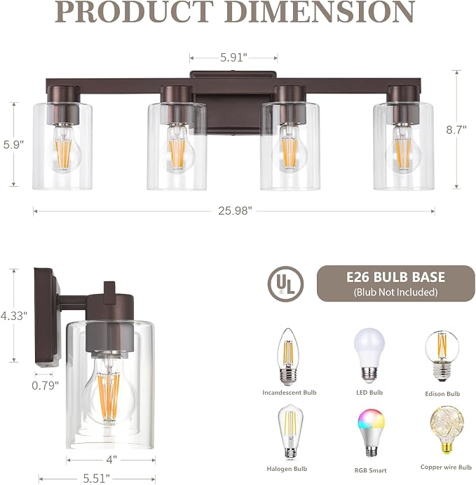 4-Light Bathroom Light Fixtures with Clear Glass, Oil Rubbed Bronze | Vanity Lights, Modern Wall Sconces, Over Mirror for Bathroom, Powder Room, Living Room