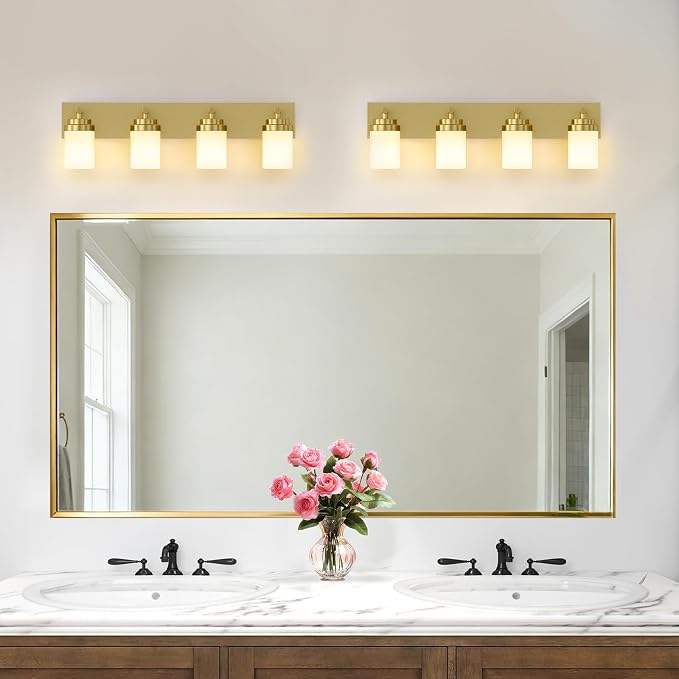 IZORRO Bathroom Vanity Light Fixture, 4-Light 30 Inch Gold Bathroom Light Fixtures Over Mirror, with White Glass Shade, Modern Farmhouse Vanity Lights, Rustic Restroom Lighting Fixtures