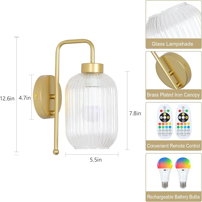 Vintage Battery Operated Wall Sconces Set of 2, Wireless Wall Lights with Remote and Color Temperature Bulb, Gold Cordless Rechargeable Wall Lamps with Clear Glass Shade for Bedroom Living Room