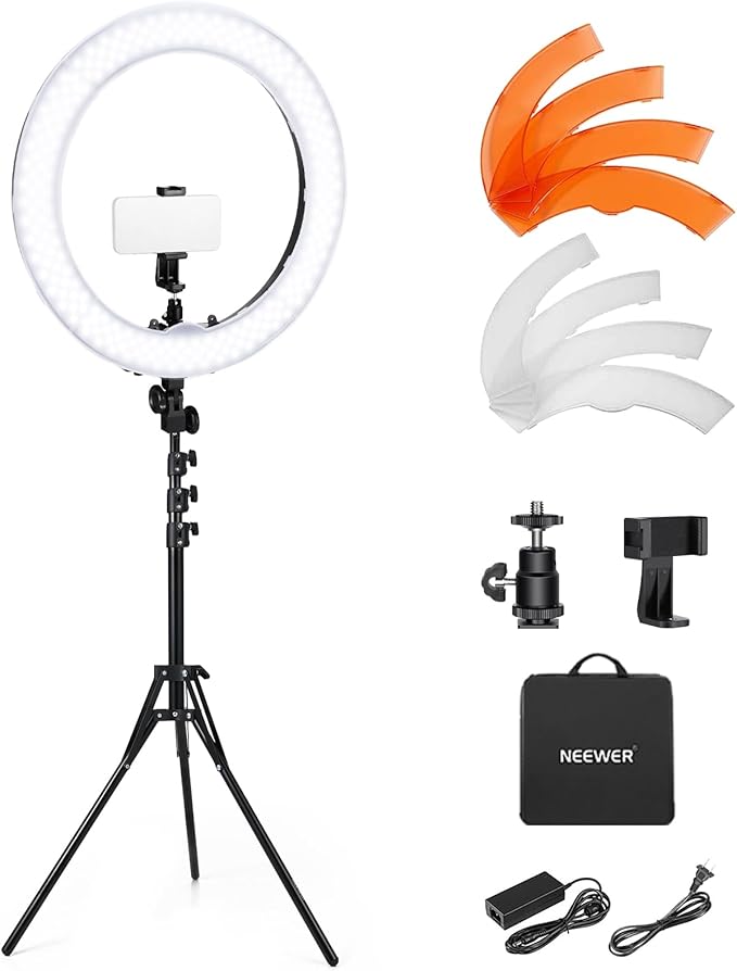 NEEWER 58W 18"/45cm Ring Light Kit, 3200K & 5600K Bi Color Dimmable CRI95 LED Selfie Lighting for iPhone with Tripod Stand/Phone Holder/Cold Shoe for Makeup Studio Video Recording Photography, RL-18