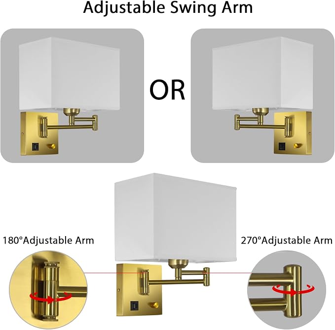 Plug in Swing Arm Wall Sconce, Wall Lights for Living Room | Wall Lamp with USB C+A Charging Ports, Adjustable Swing Arm 270°, Adjustable Color Temperature, Wall Mount Lamp for Bedroom