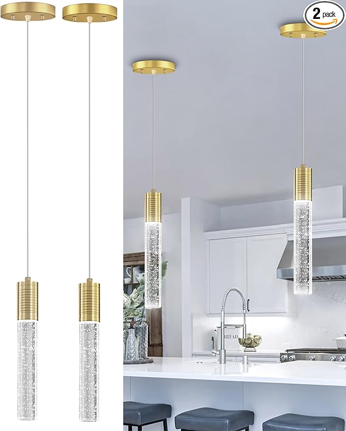 Set of 2 Pendant Lights for Kitchen Island, White Light, Gold Crystal Linear Pendant Lighting, Bar Corner LED Light Fixture