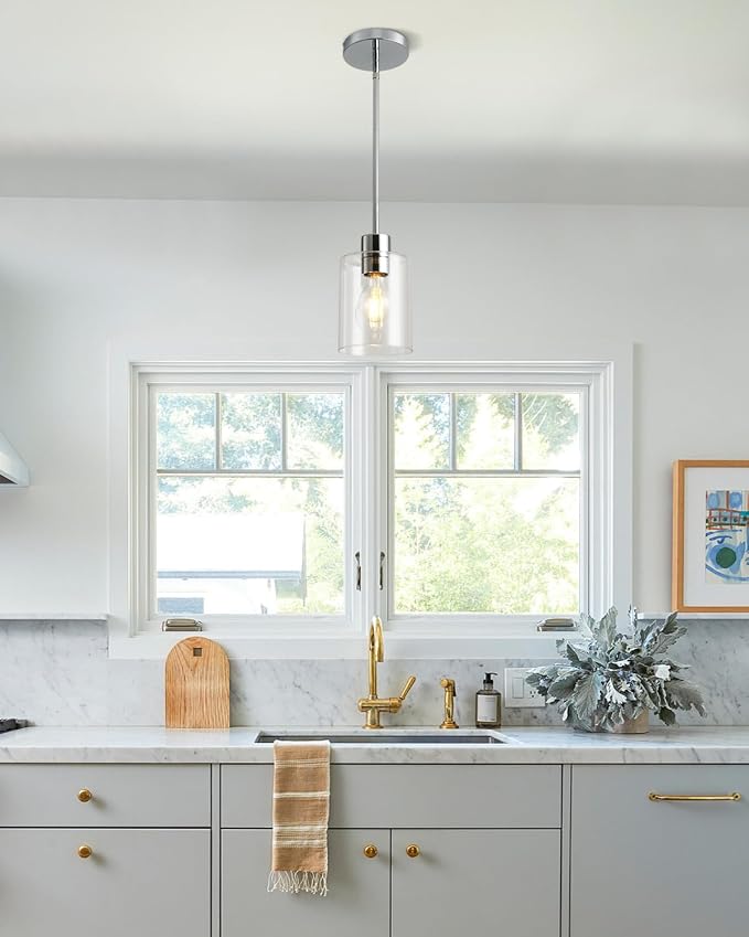 Chrome Pendant Lights Kitchen Island - Clear Glass Pendant Light Fixture Multiple Stems Rods 3 Units 12 Inch 3 Units 4 Inch (1 Pack Chrome Downrod)