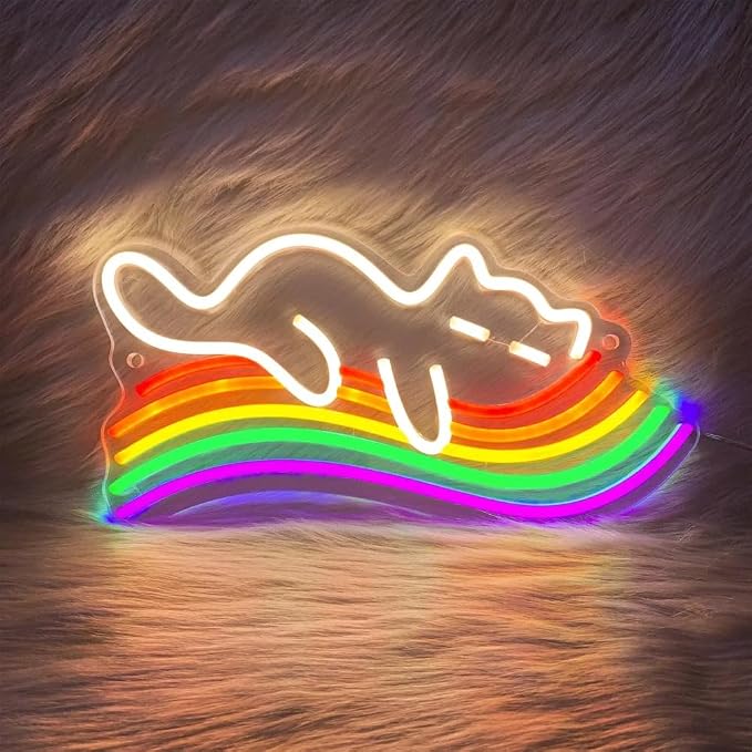 Cat Sleeping On Rainbow Neon Sign Rainbow Cat Neon Light Cute Cat LED Light up Sign for Wall Decor Preppy Kids Girls Room Wedding Birthday Party