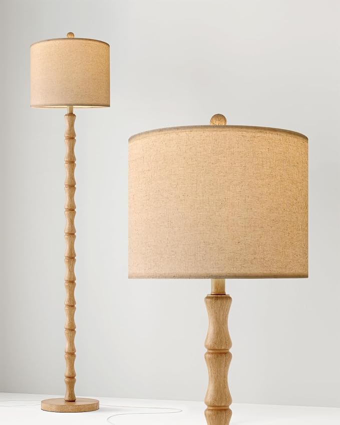 62" Farmhouse Floor Lamp for Living Room, Rustic Standing Lamp with Linen Shade and Rotary Switch, Tall Resin Corner Floor Lamp for Bedroom, Nursery, Office, Home Decor
