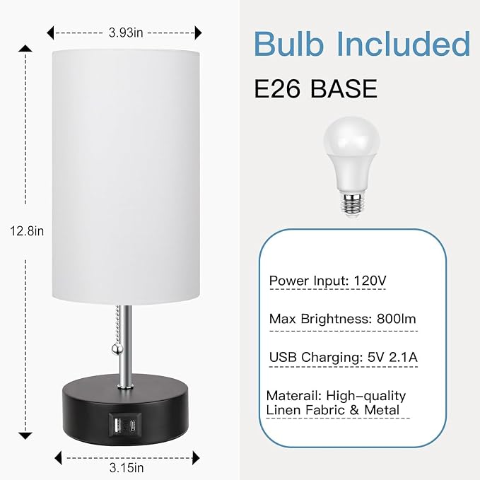 ROTTOGOON 3-Color Temperature Bedside Lamp Nightstand Lamp with USB A Port and C Port, Table Lamp for Bedroom with LED Bulb Small Lamps for Living Room (White)