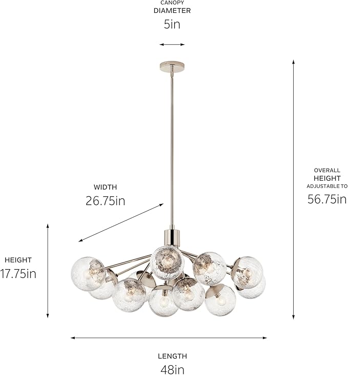 Kichler Silvarious 12-Light Linear Convertible Chandelier, Soft Modern Light with Clear Crackled Glass in Polished Nickel, for Dining Room or Living Room (17.75" x 26.75" x 48"), 52703PN