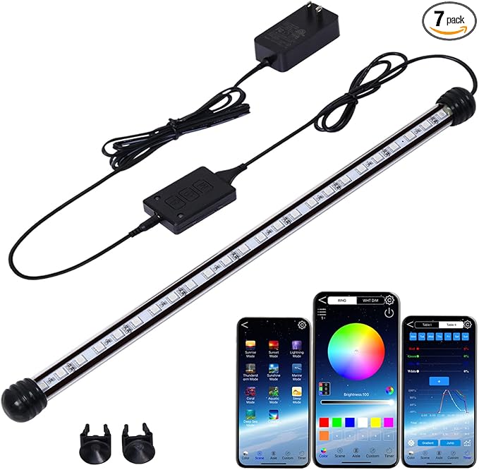 Smart Submersible Aquarium Light with App Timer, 19 Inches LED Fish Tank Light, RGB 16 Million Colors Changing, 7/24 On/Off Automatic, Aquarium Lighting