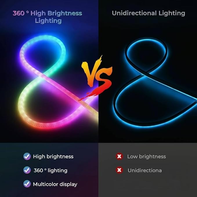 25ft LED Rope Lights 360 Degree Illumination, 5V USB Portable neon Light Strip,Neon Lights Suitable for Parties, Halloween, terraces, Christmas Camping Decoration, DIY