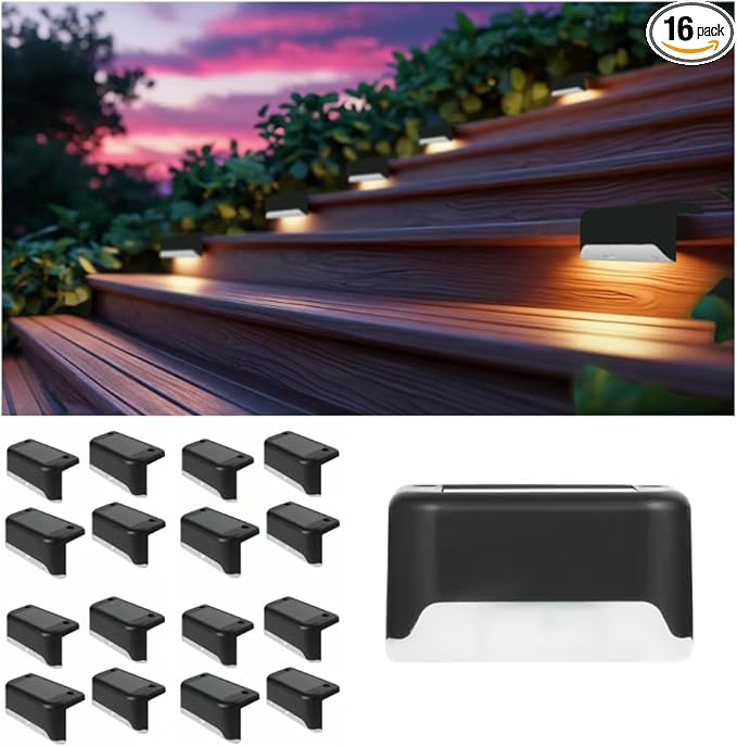 16-Pack Solar Deck Lights, Outdoor Waterproof LED Lights for Pathways, Stairs, Patios, Fences - Easy Install, Durable, Weatherproof for Safety & Ambiance