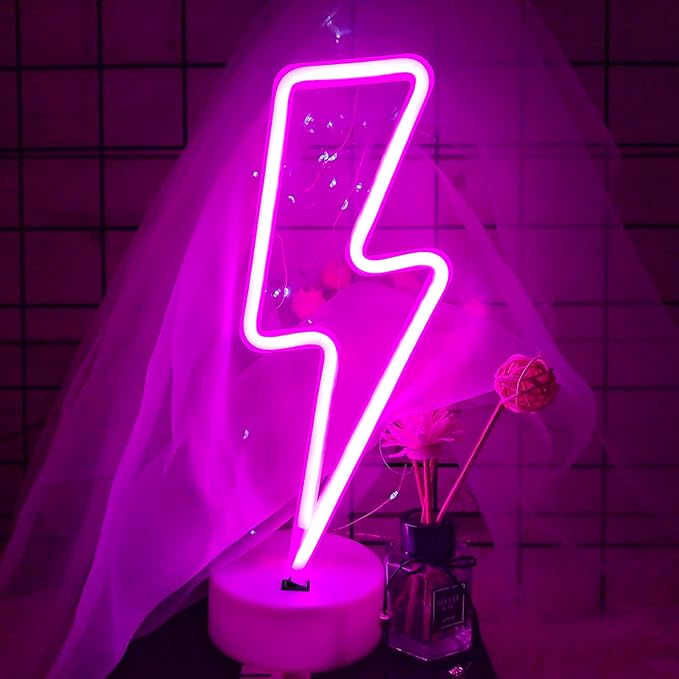Pink Lightning Bolt Neon Sign, Aesthetic Room Decor for Bedroom, Battery/USB Operated LED Light with Base