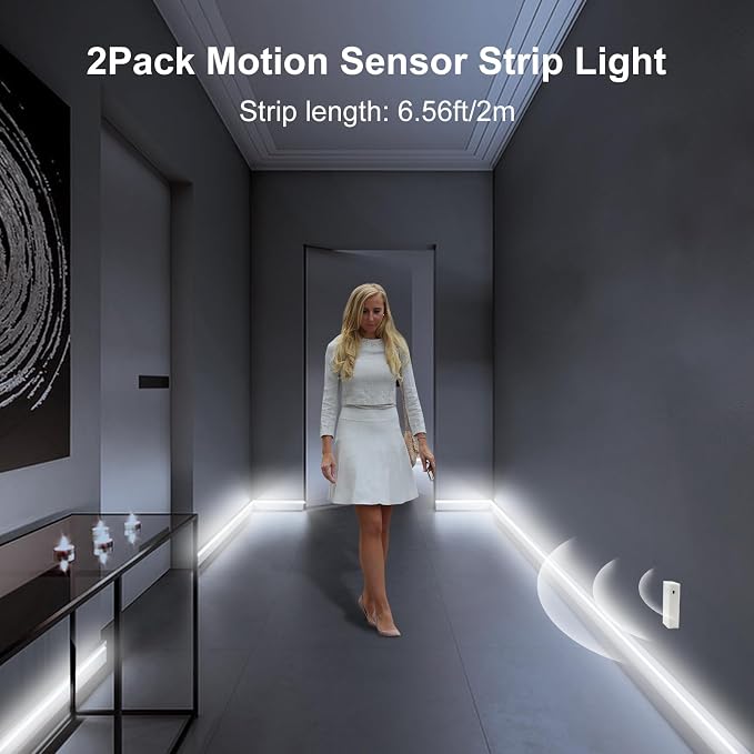 2 Pack Battery COB Motion Sensor Strip Lights with Day & Night Modes | 6.6Ft 640 LED Under Cabinet Flexible Tape Lights for Bedroom Kitchen Stair Shelf, 6000K Cool White