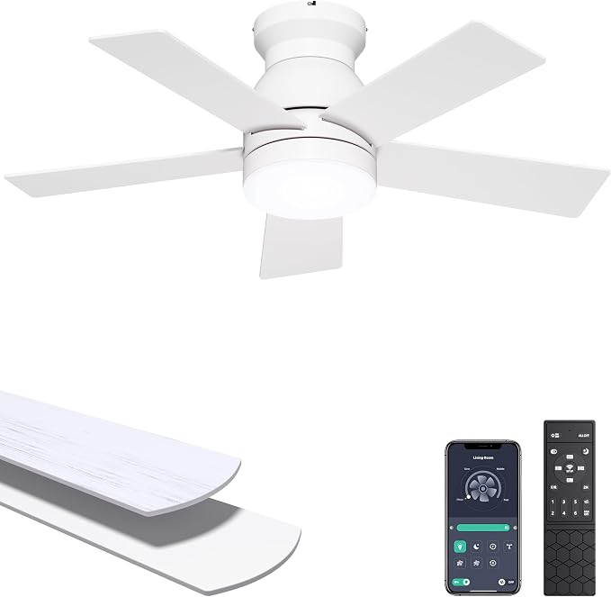 Ohniyou 32'' Low Profile Ceiling Fan with Lights, Remote/APP Control, White | Flush Mount, Dimmable 3CCT LED, Quiet DC Motor; Memory Function, Small Ceiling Fan for Indoor Bedroom Kitchen Nursery