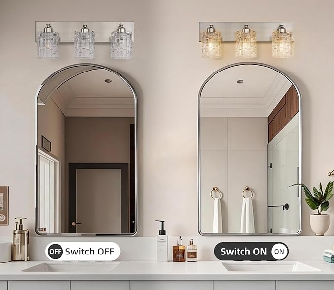 3-Light Crystal Bathroom Vanity Light Over Mirror, Nickel Modern Wall Light Fixture for Bathroom, Living Room, Bedroom, Hallway