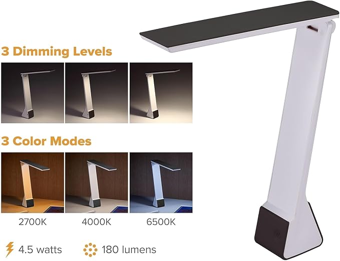 Bostitch Office KT-VLED1810-BLK Powered Rechargeable Battery LED Desk Lamp, 3 Color Temperatures, Flip Open, Black