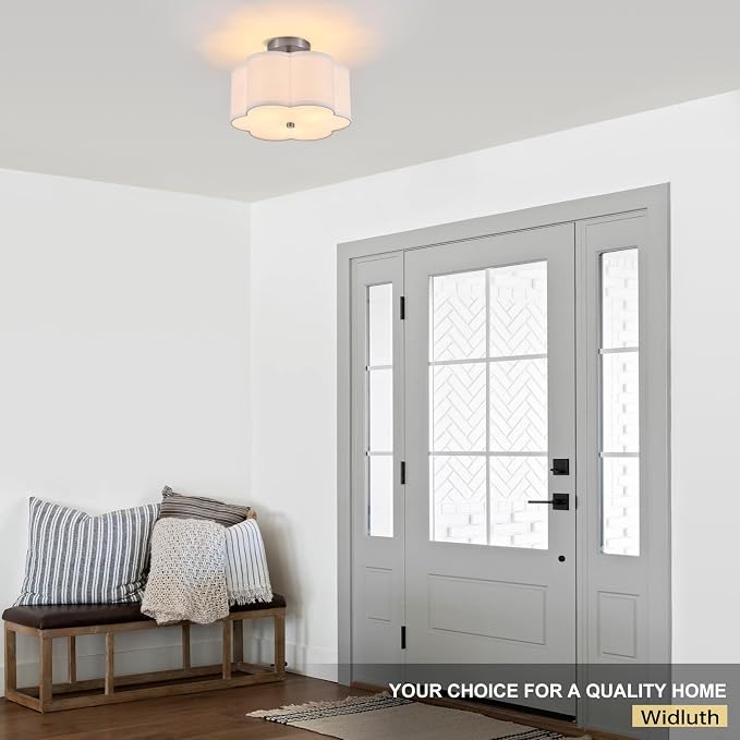 12.9" Chrome Semi Flush Mount Ceiling Light, Linen 3-Light Fixture | White Linen Petal Shade, Modern Chrome Style For Bedroom, Hallway Kitchen, Basement, Bedroom,Laundry; Close-To-Ceiling, E26