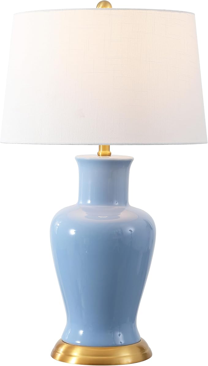 JONATHAN Y 29" Blue Traditional Ceramic Urn LED Table Lamp for Bedroom Decor, White Linen Drum Shade, Classic Nightstand Lamp for Living Room, LED Bulb Included (JYL4026E)
