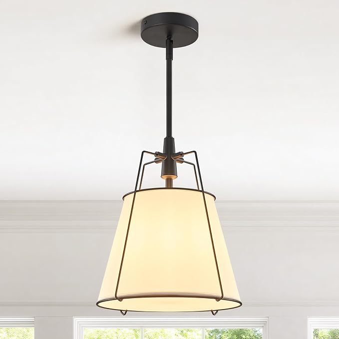 Modern Pendant Light Fixtures with 13" White Linen Fabric Shade, Adjustable Hanging Light Fixture,Drum Black Vintage Chandelier for Kitchen Island Bedroom Dining Room Foyer Entryway