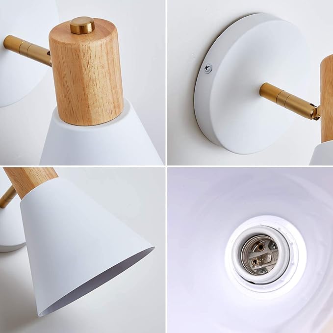 ClanKin Plug in Wall Sconces Lighting for Bedroom, White Dimmable Wood Style Wall Sconce Reading Lamp, Adjustable Wall Light for Bedroom Hallway Living Room (White-Plug in, 1)