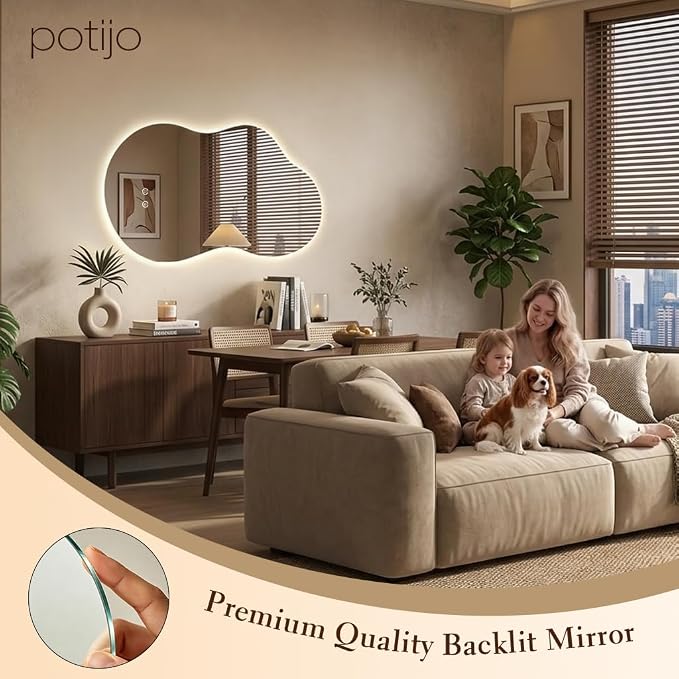 Irregular LED Mirror with Lights 40x24 Inch Backlit Asymmetrical Bathroom Mirrors for Wall Cloud Lighted Vanity Mirrors Shatterproof, Anti-Fog, Dimmable, 3 Colors (Horizontal/Vertical)