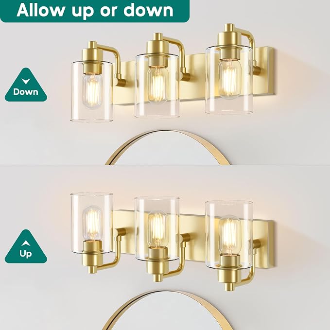 Dpyrrhic Gold Bathroom Light Fixtures,3-Light Bathroom Lights Over Mirror with Clear Glass Shade,Gold Vanity Light Wall Sconces for Kitchen Living Room Bedroom