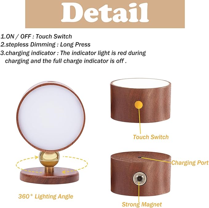 Wooden Led Wall Sconce, 360° Rotatable Dimmable Wall Lights Rechargeable Wall Lights Battery Operated Magnetic Led Night Light for Reading Light and Household Lighting (Sapele Wood 1pcs)