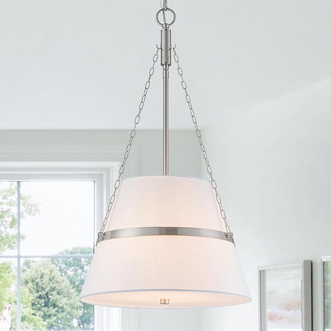 15" Brushed Nickel Drum Chandelier, Linen Pendant Light for Kitchen Island | Modern Transitional, White Linen Shade, 3 Side Chains, 4-Light, for Dining Room, Breakfast Nook, Adjustable Height, 15"W×28"H