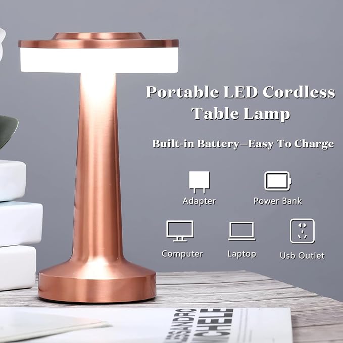 Riakrum 2 Pcs Rose Gold LED Portable Cordless Table Lamp Bulk with Touch Sensor 3 Color Stepless Dimming Rechargeable Battery up to 15 Hours Cordless Table Light Wireless Lamp Wedding Home