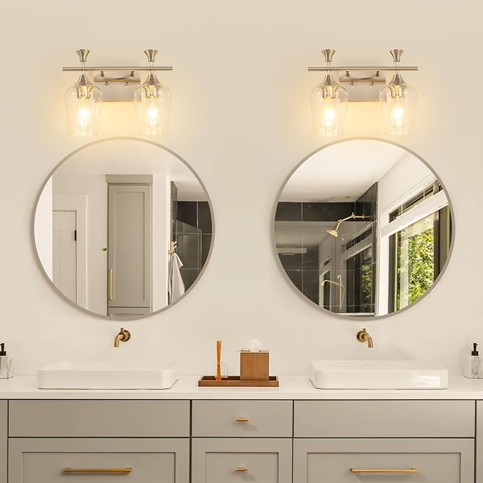 Bathroom Light Fixtures (2-Light, 14 Inch), Brushed Nickel Vanity Lights for Bathroom with Clear Wine Glass Glass Shade, Modern Vanity Wall Lights for Mirror Bedroom Living Room Kitchen Hallway Porch