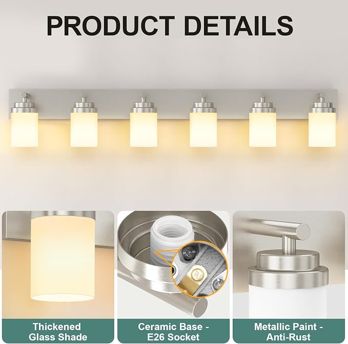 IZORRO Bathroom Vanity Light Fixture, 6-Light 46 Inch Brushed Nickel Bathroom Light Fixtures Over Mirror, with White Glass Shade, Modern Farmhouse Vanity Lights, Rustic Restroom Lighting Fixtures