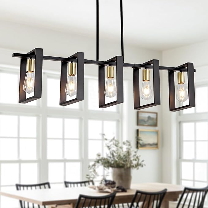 Farmhouse Kitchen Island Lighting Black Dining Room Lights Ceiling Hanging Rustic 5 Lights Wood Chandelier Light fixtures 41.3" Height Adjustable