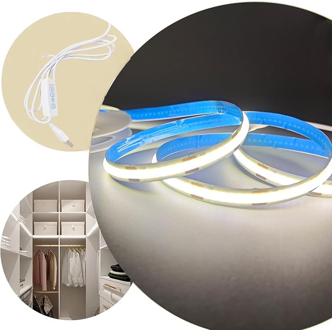 ZSLAIFU 2 Pack White USB Light Strip 5V COB Flexible Strip Light LED Backlight for Bedroom Cabinet Vanity Mirror DIY Lighting (3.28FTx2)