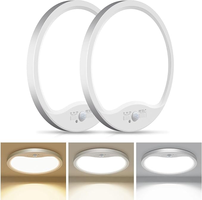 hepside 2 Pack Motion Sensor Ceiling Light Wired, 3000K/4000K/6500K LED Flush Mount Ceiling Light Fixture, 8.7Inch 18W Motion Sensor Light with Timer for Closet Stair Porch Hallway Pantry,White
