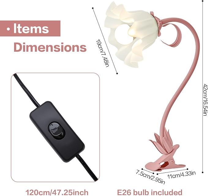 Clip On Light and Flower Bedside Table Lamp, Flexible Gooseneck Reading Book Light with 3 Color Modes, Night Light for Kids Nursery, Clip on for Desk, Bed Headboard, Dorm (Pink)