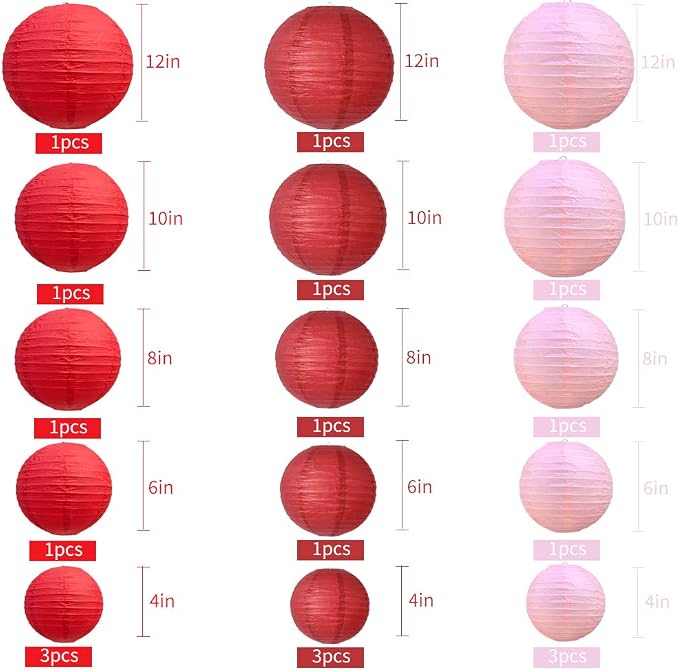 BEISHIDA Red Pink Paper Lanterns 10Pcs 4/6/8/10/12 Inch Round Chinese Lamp | Paper lanterns party decorations,Chinese/Japanese Paper Lanterns,Birthday,Wedding,Christmas,Bridal Home decorative outdoor