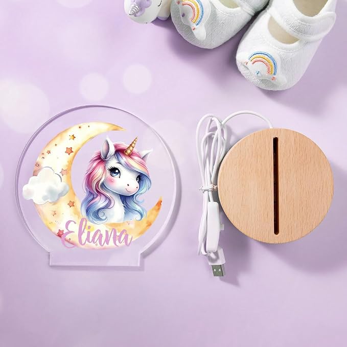 Personalized LED Night Light - Custom Name & 20 Patterns, Cute Unicorn Lamp with Wooden Base for Bedroom Decor, Gifts for Kids Girls Boys