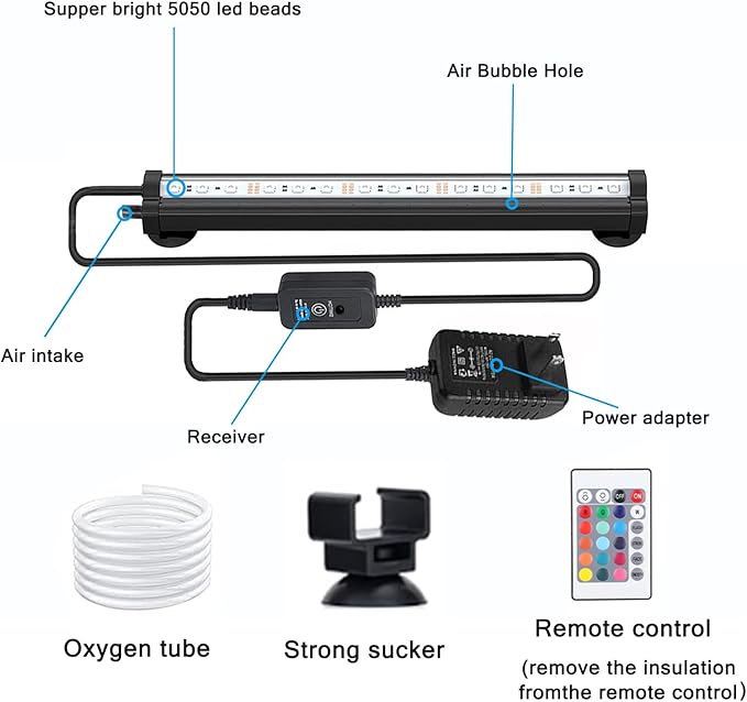 LED Aquarium Lights for Fish Tank,Submersible Fish Tank Light with Air Bubbler Hole Bubble Wall RGB Color Changing Brightness Adjustable Waterproof Remote Control Bubble Tube Light,6W 20inch