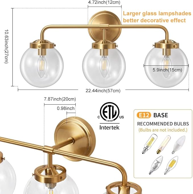 Gold Bathroom Vanity Light Fixtures Over Mirror, Modern Brass 3 Lights Wall Sconce Lighting with Transparent Glass Ball Shade, Mid Century Farmhouse Vanity Lights