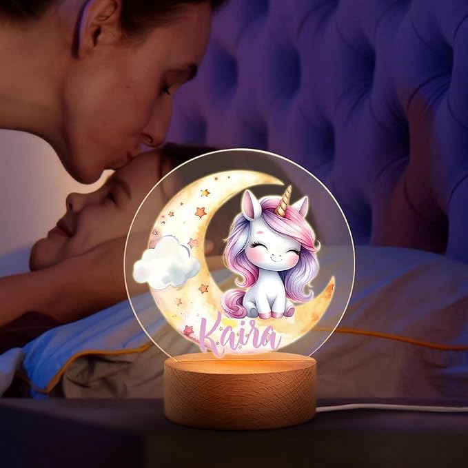 Personalized LED Night Light - Custom Name & 20 Patterns, Cute Unicorn Lamp with Wooden Base for Bedroom Decor, Gifts for Kids Girls Boys